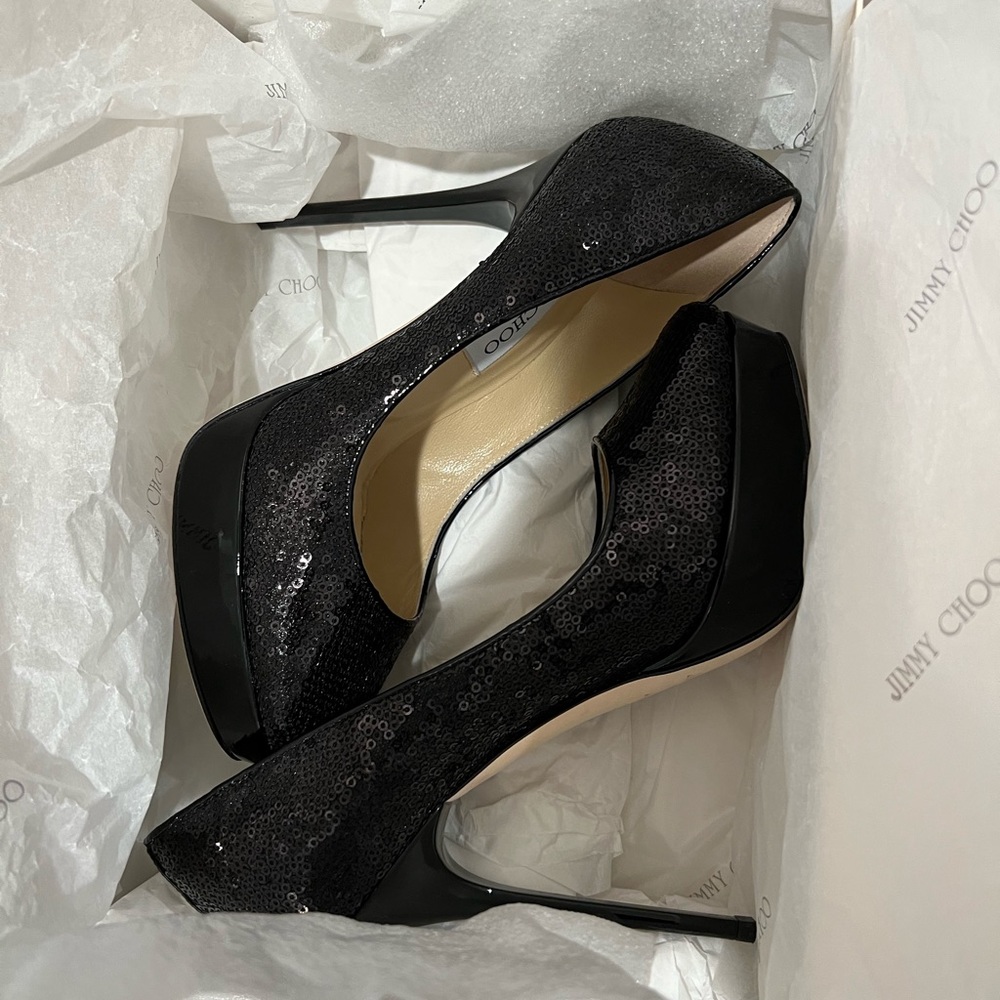 Jimmy Choo COSMIC Black Sequin Patent Leather Platform - Picture 10 of 13